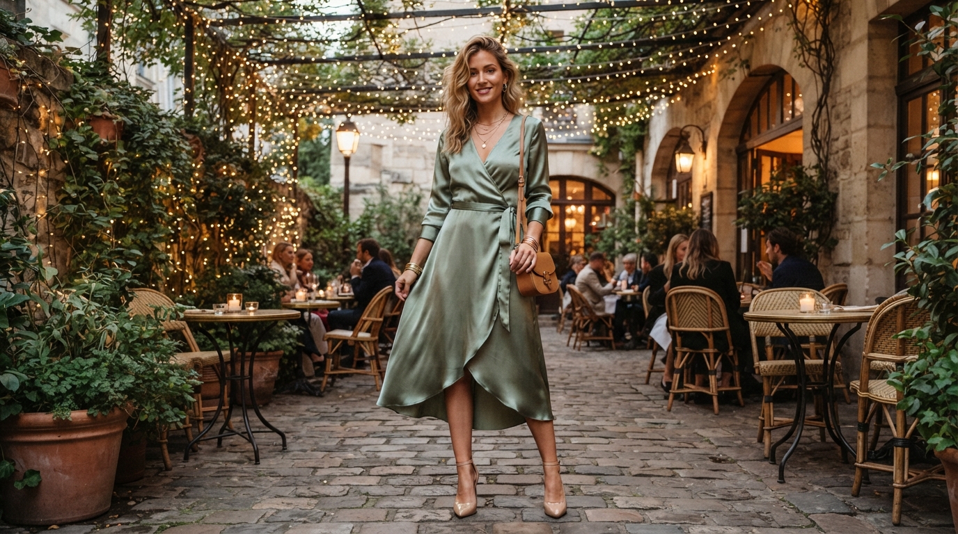 Sage Green Satin Wrap Dress & Nude Ankle-Strap Heels